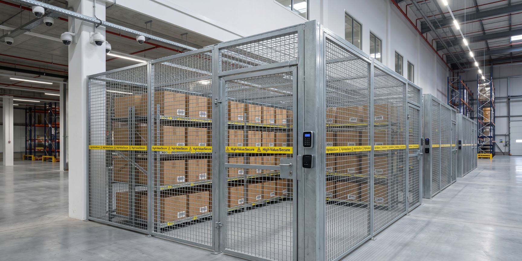 High-security steel cage (cage) for valuables in a modern logistics hall. Electronic access and CCTV surveillance protect sensitive goods.